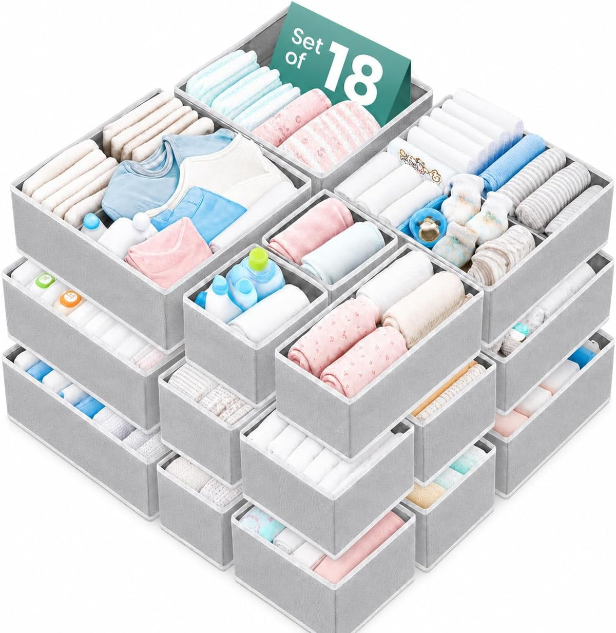 18 Pack Drawer Organizer Clothes-3 Sizes Dresser Organizer for Underwear Closet, Baby Clothes Organizer for Wardrobe-Foldable Fabric Drawer Dividers for Bedroom,Lingerie,Undies,Bra-Grey