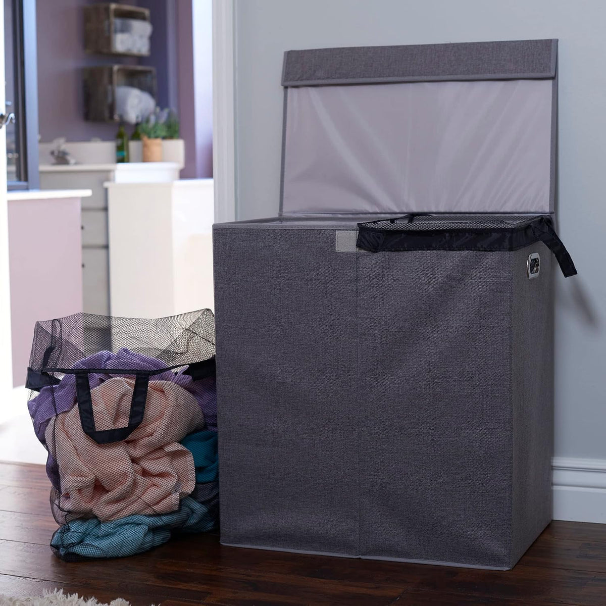 5620 Collapsible Single Laundry Hamper with Magnetic Lid - Grey