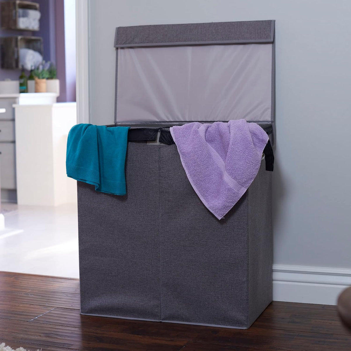 5620 Collapsible Single Laundry Hamper with Magnetic Lid - Grey