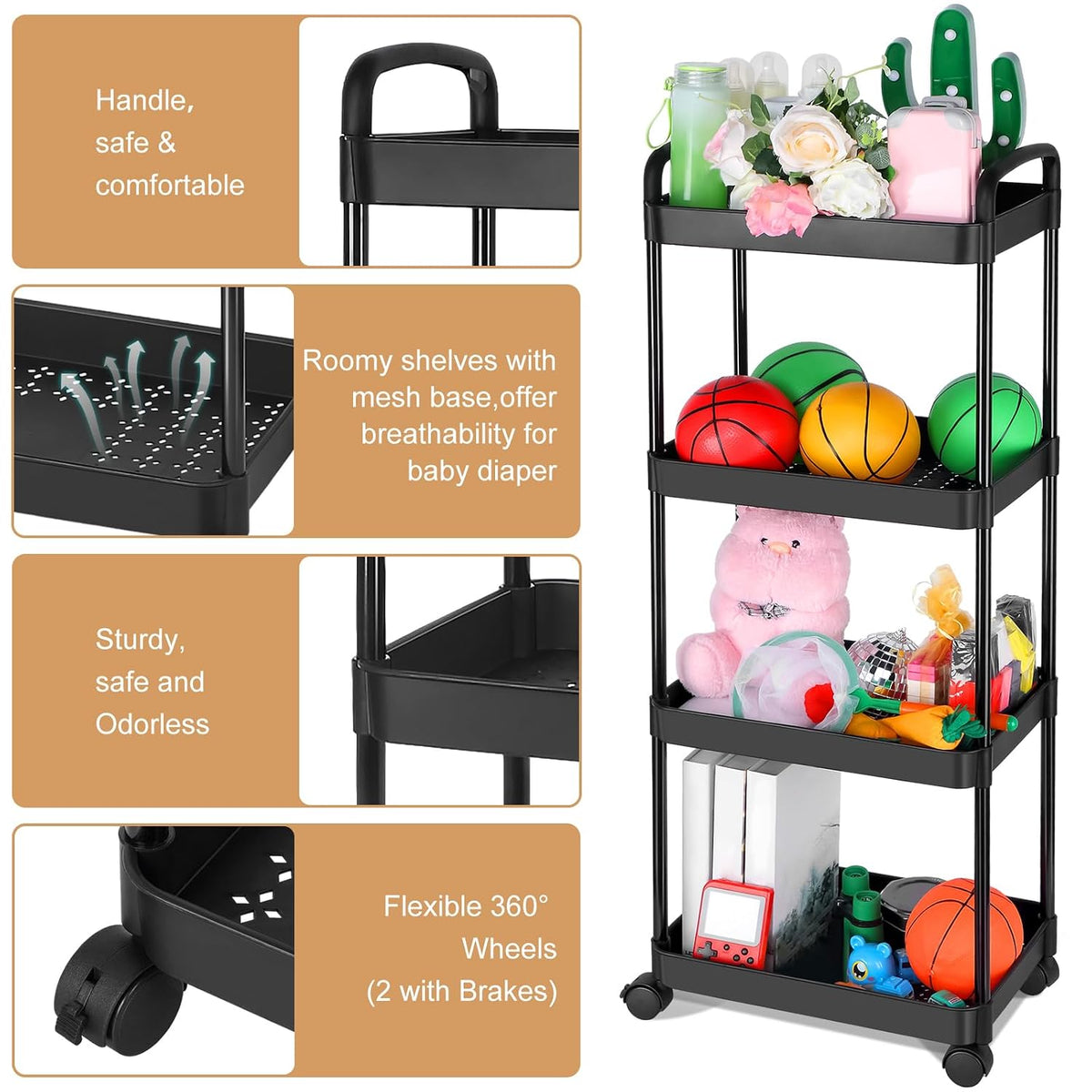 Barydat Baby Diaper Caddy Cart, 4-Tier Rolling Cart for Essentials