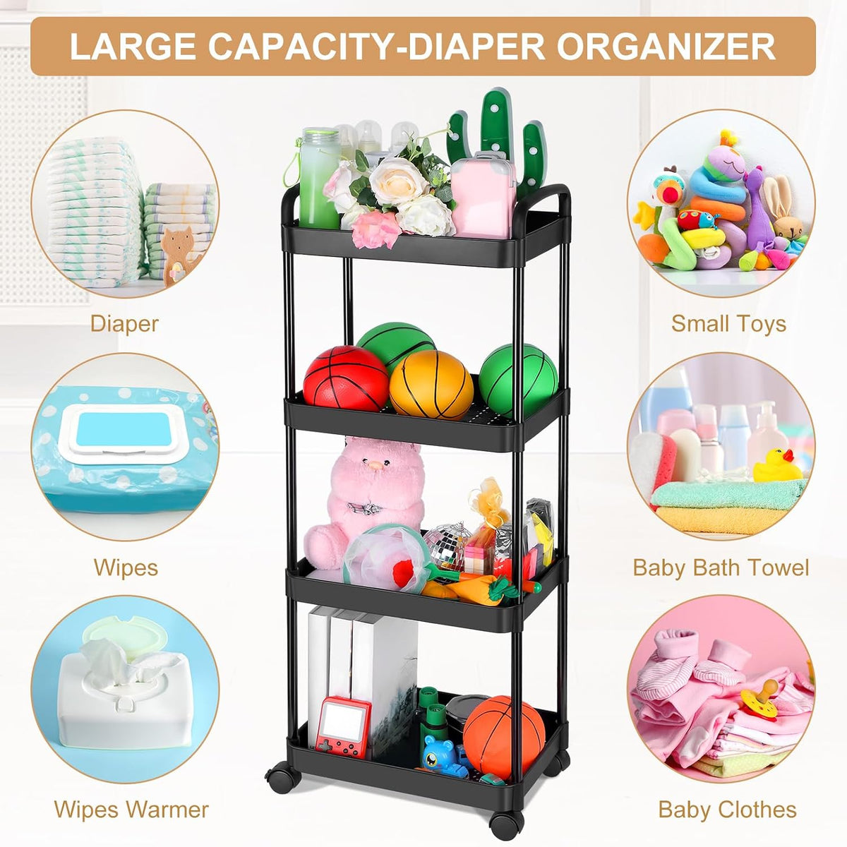 Barydat Baby Diaper Caddy Cart, 4-Tier Rolling Cart for Essentials