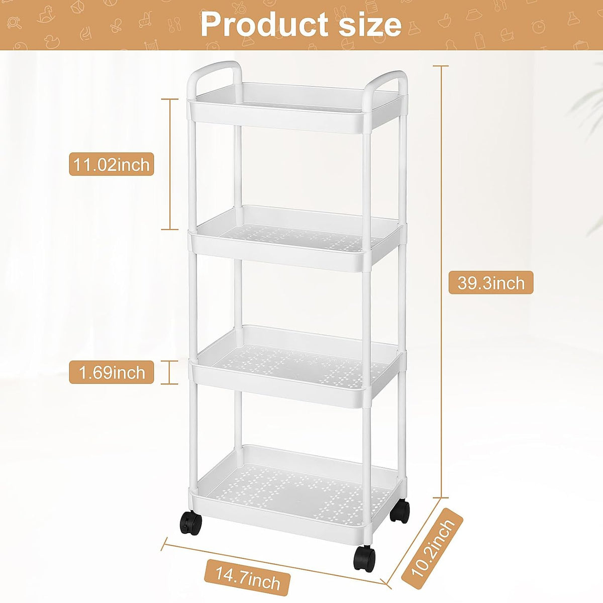 Barydat Baby Diaper Caddy Cart, 4-Tier Rolling Cart for Essentials