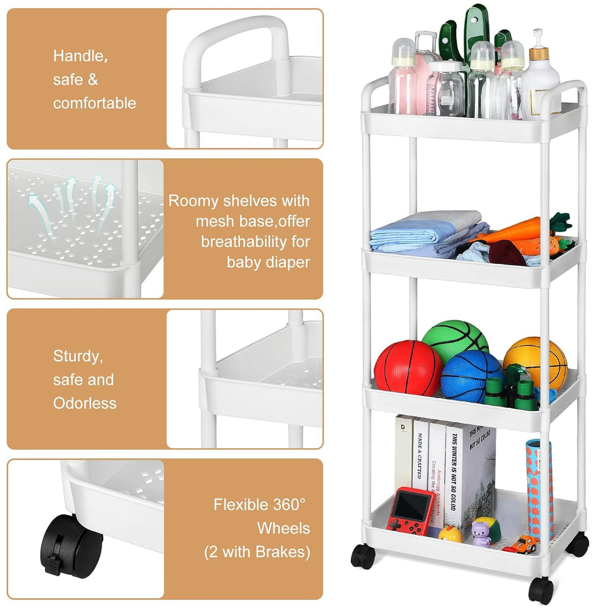 Barydat Baby Diaper Caddy Cart, 4-Tier Rolling Cart for Essentials