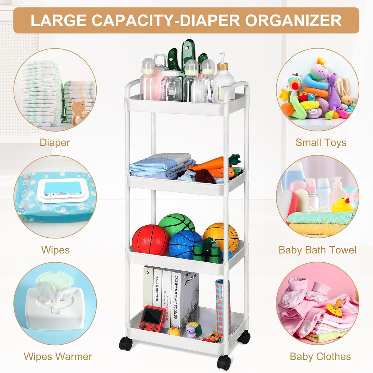 Barydat Baby Diaper Caddy Cart, 4-Tier Rolling Cart for Essentials