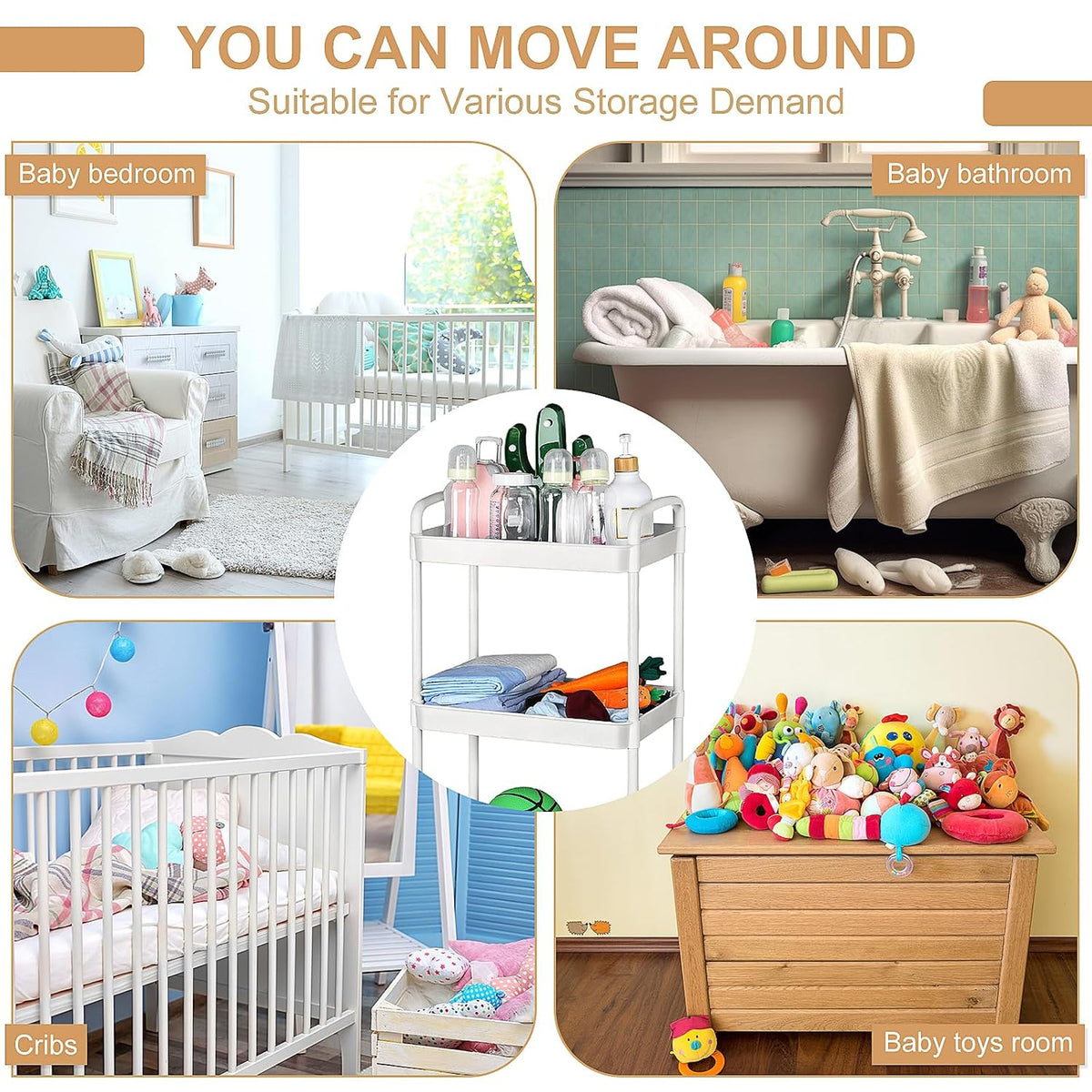 Barydat Baby Diaper Caddy Cart, 4-Tier Rolling Cart for Essentials