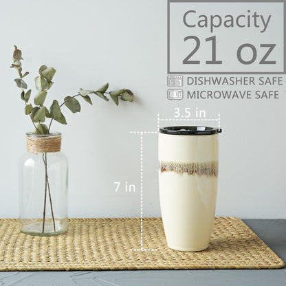Ceramic Travel Coffee Cup with Lid, 21 oz, Portable Coffee Mug for Car Cup Holder, Microwave Safe, Reactive Glaze (Forest Beige)