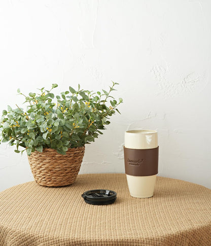 Ceramic Travel Coffee Cup with Lid, 21 oz, Portable Coffee Mug for Car Cup Holder, Microwave Safe, Reactive Glaze (Forest Beige)