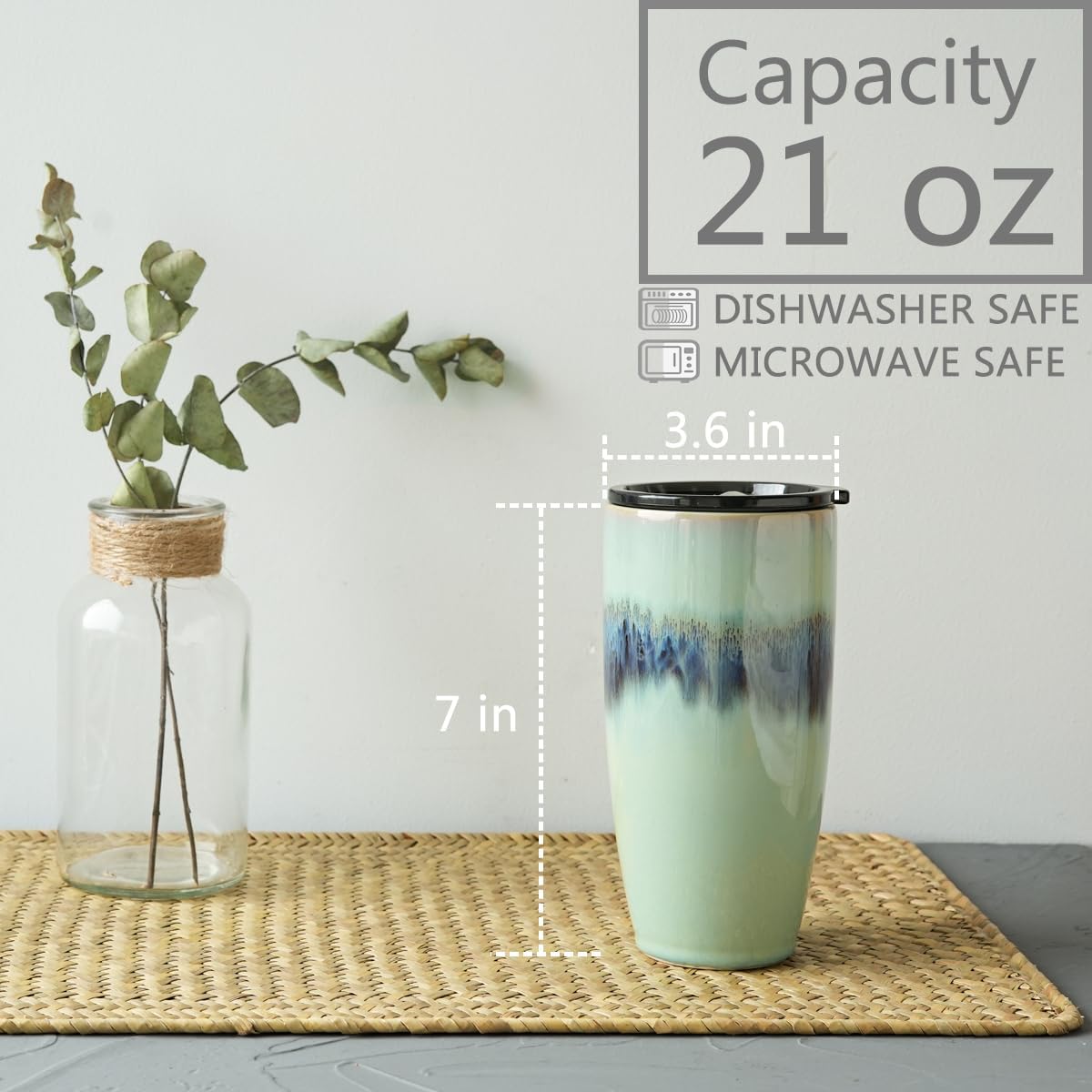 Ceramic Travel Coffee Cup with Lid, 21 oz, Portable Coffee Mug for Car Cup Holder, Microwave Safe, Reactive Glaze (Forest Beige)