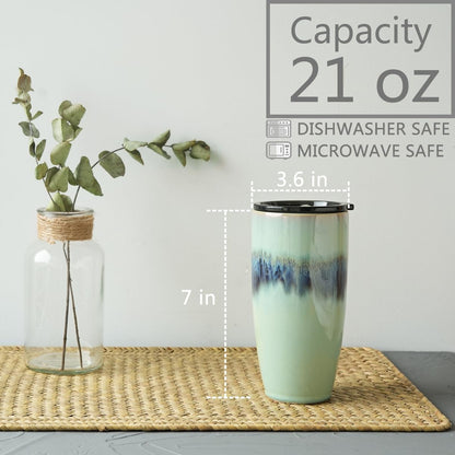 Ceramic Travel Coffee Cup with Lid, 21 oz, Portable Coffee Mug for Car Cup Holder, Microwave Safe, Reactive Glaze (Forest Beige)