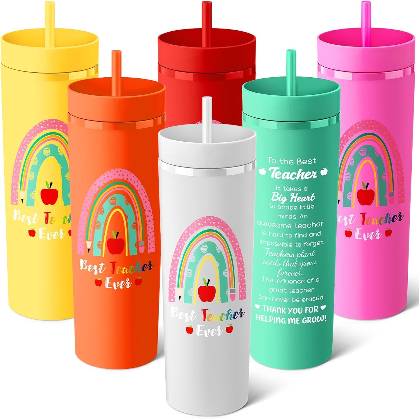 12 Pcs Back to School Teacher Gifts Teacher Appreciation Cups Bulk Thanks Gifts for Teachers 16 oz Plastic Skinny Tumblers with Lid Straw for First Day of School (12 Colors)
