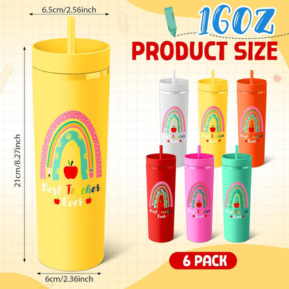 12 Pcs Back to School Teacher Gifts Teacher Appreciation Cups Bulk Thanks Gifts for Teachers 16 oz Plastic Skinny Tumblers with Lid Straw for First Day of School (12 Colors)