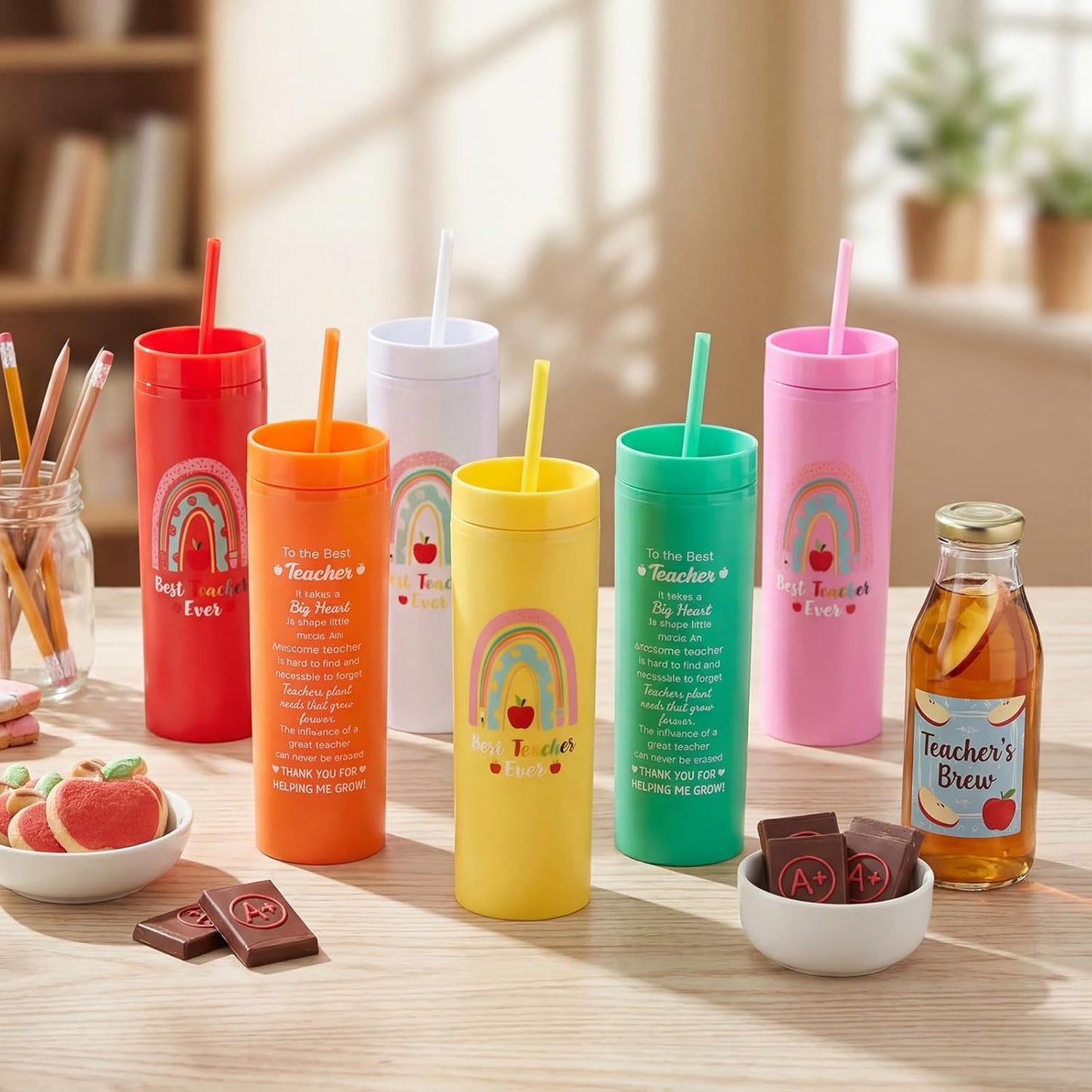 12 Pcs Back to School Teacher Gifts Teacher Appreciation Cups Bulk Thanks Gifts for Teachers 16 oz Plastic Skinny Tumblers with Lid Straw for First Day of School (12 Colors)