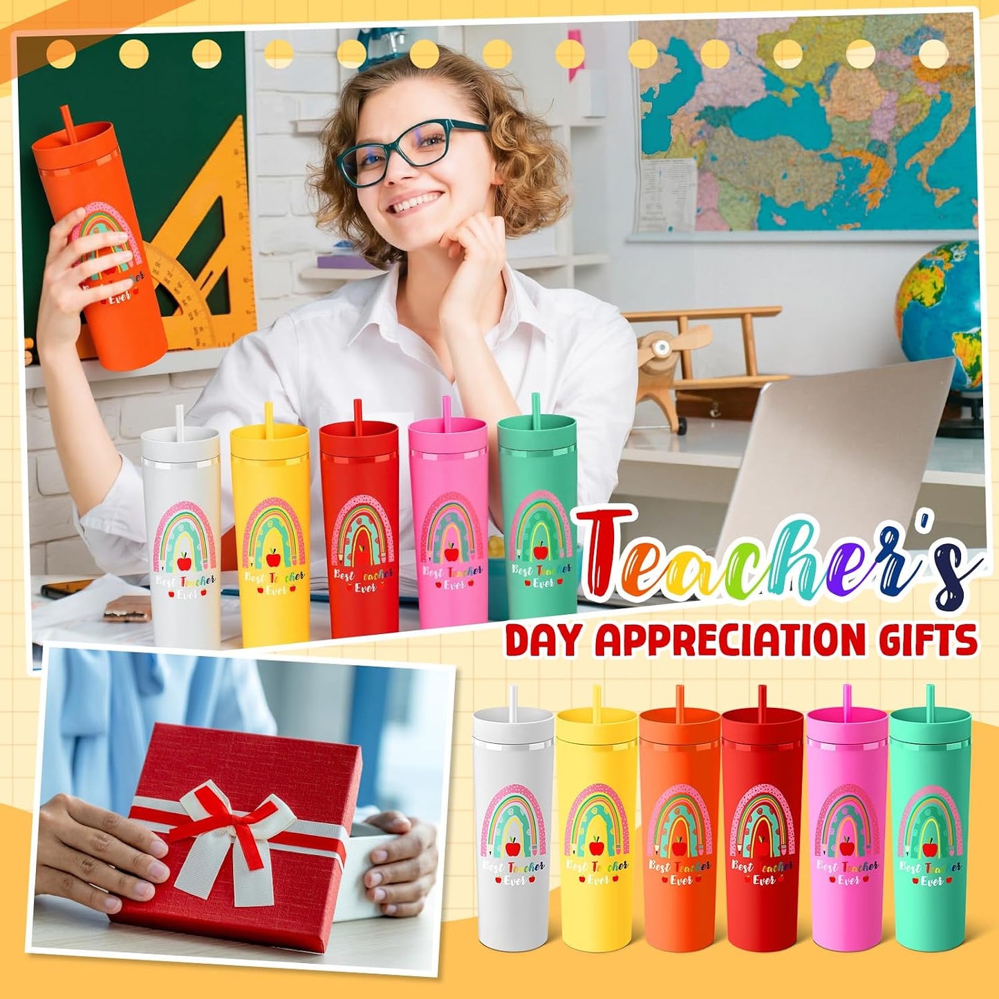 12 Pcs Back to School Teacher Gifts Teacher Appreciation Cups Bulk Thanks Gifts for Teachers 16 oz Plastic Skinny Tumblers with Lid Straw for First Day of School (12 Colors)