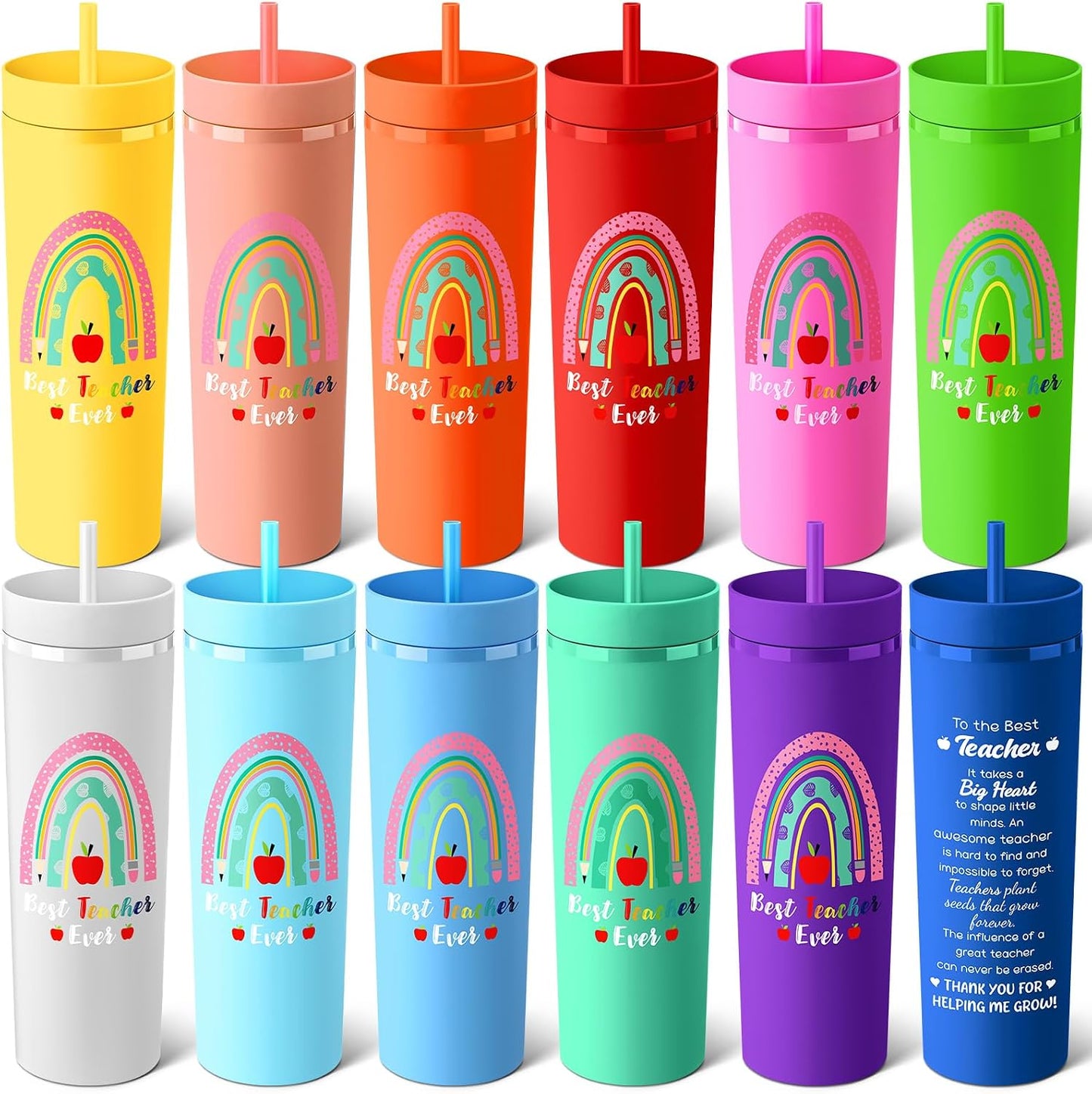 12 Pcs Back to School Teacher Gifts Teacher Appreciation Cups Bulk Thanks Gifts for Teachers 16 oz Plastic Skinny Tumblers with Lid Straw for First Day of School (12 Colors)