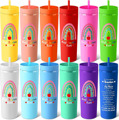 12 Pcs Back to School Teacher Gifts Teacher Appreciation Cups Bulk Thanks Gifts for Teachers 16 oz Plastic Skinny Tumblers with Lid Straw for First Day of School (12 Colors)