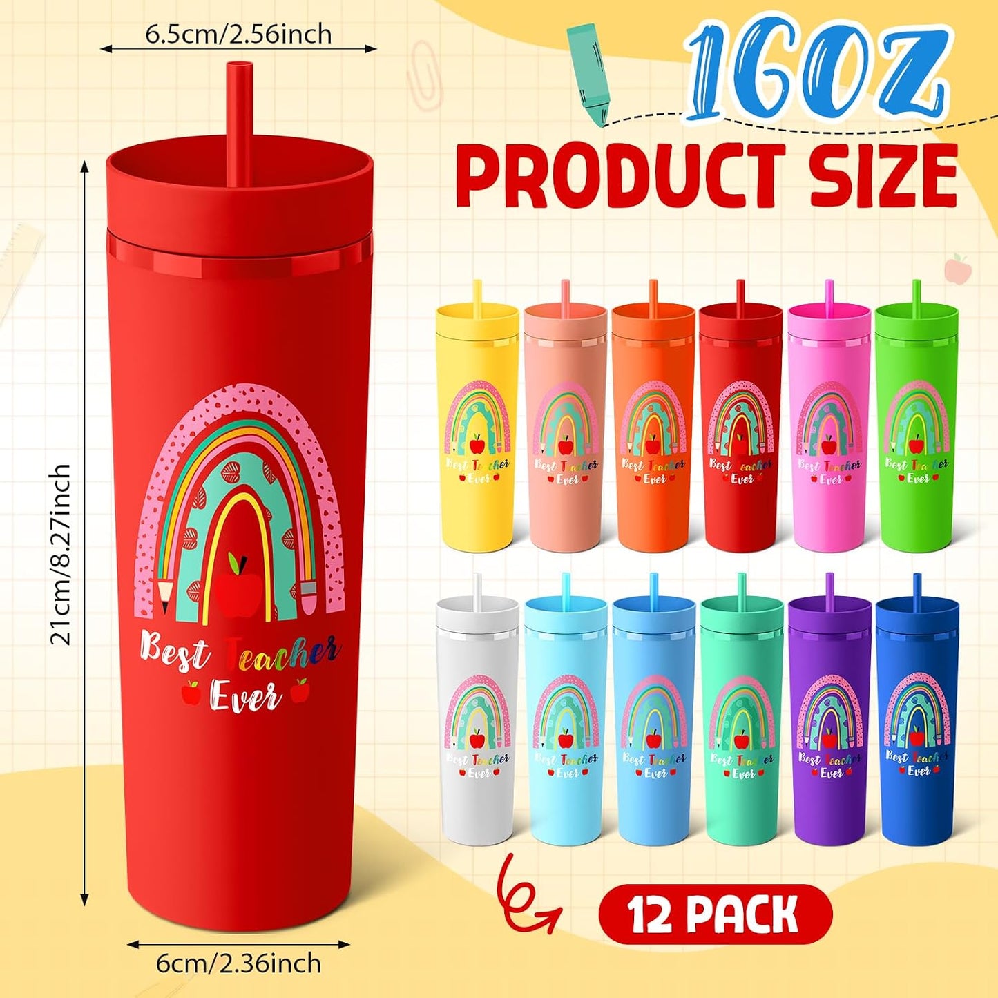 12 Pcs Back to School Teacher Gifts Teacher Appreciation Cups Bulk Thanks Gifts for Teachers 16 oz Plastic Skinny Tumblers with Lid Straw for First Day of School (12 Colors)