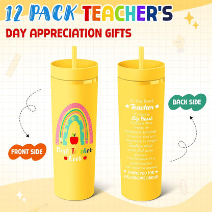 12 Pcs Back to School Teacher Gifts Teacher Appreciation Cups Bulk Thanks Gifts for Teachers 16 oz Plastic Skinny Tumblers with Lid Straw for First Day of School (12 Colors)