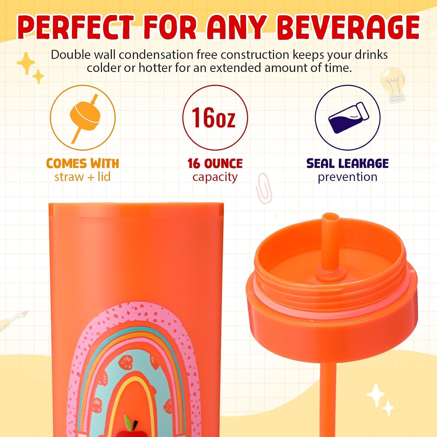 12 Pcs Back to School Teacher Gifts Teacher Appreciation Cups Bulk Thanks Gifts for Teachers 16 oz Plastic Skinny Tumblers with Lid Straw for First Day of School (12 Colors)