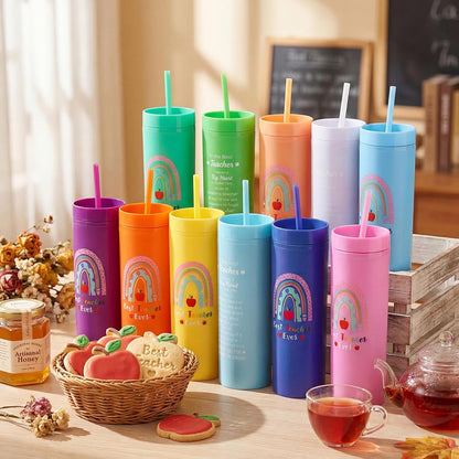 12 Pcs Back to School Teacher Gifts Teacher Appreciation Cups Bulk Thanks Gifts for Teachers 16 oz Plastic Skinny Tumblers with Lid Straw for First Day of School (12 Colors)