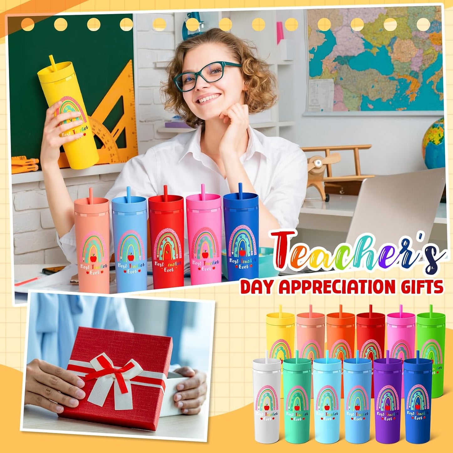 12 Pcs Back to School Teacher Gifts Teacher Appreciation Cups Bulk Thanks Gifts for Teachers 16 oz Plastic Skinny Tumblers with Lid Straw for First Day of School (12 Colors)