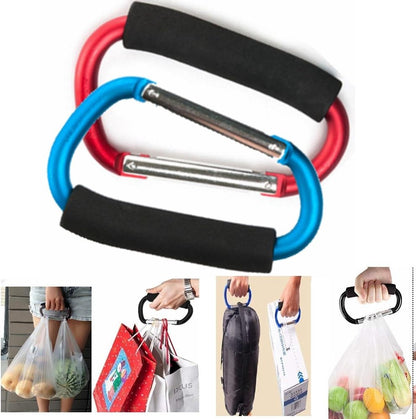 2X Carabiner Hook - 5.4" Large Aluminum D-Style Carry Handle with Sponge for Shopping Bags Handbag Tote Stroller Carrying