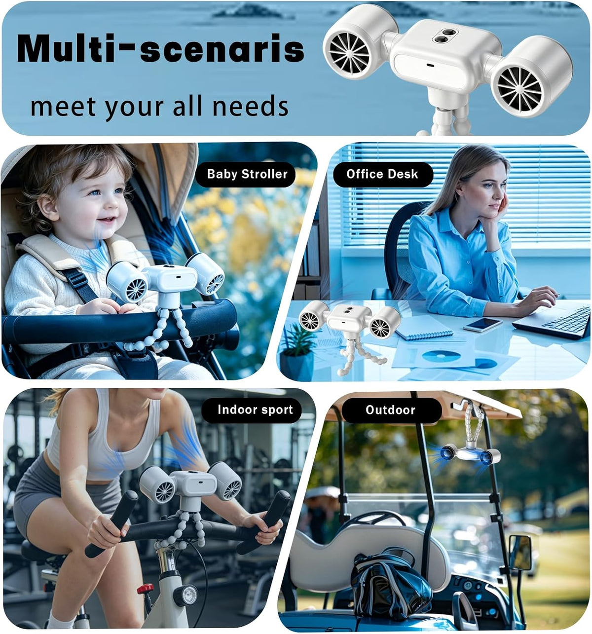 2026 New Dual-Head Fan, 4000mAh Rechargeable Portable Fan with Flexible Tripod, 360° Rotatable Mini Clip On Fan with 3 Speeds & 3 LED Light Modes for Baby Stroller, Car Seat, Crib, Camping, Travel
