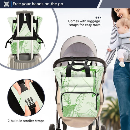 Diaper Bag Backpack, Multifunction Travel Bag for Moms Dads, Baby Changing Bag with Insulted Pockets, Stroller Straps and Side Bottle Pockets Lily Line Art Pattern