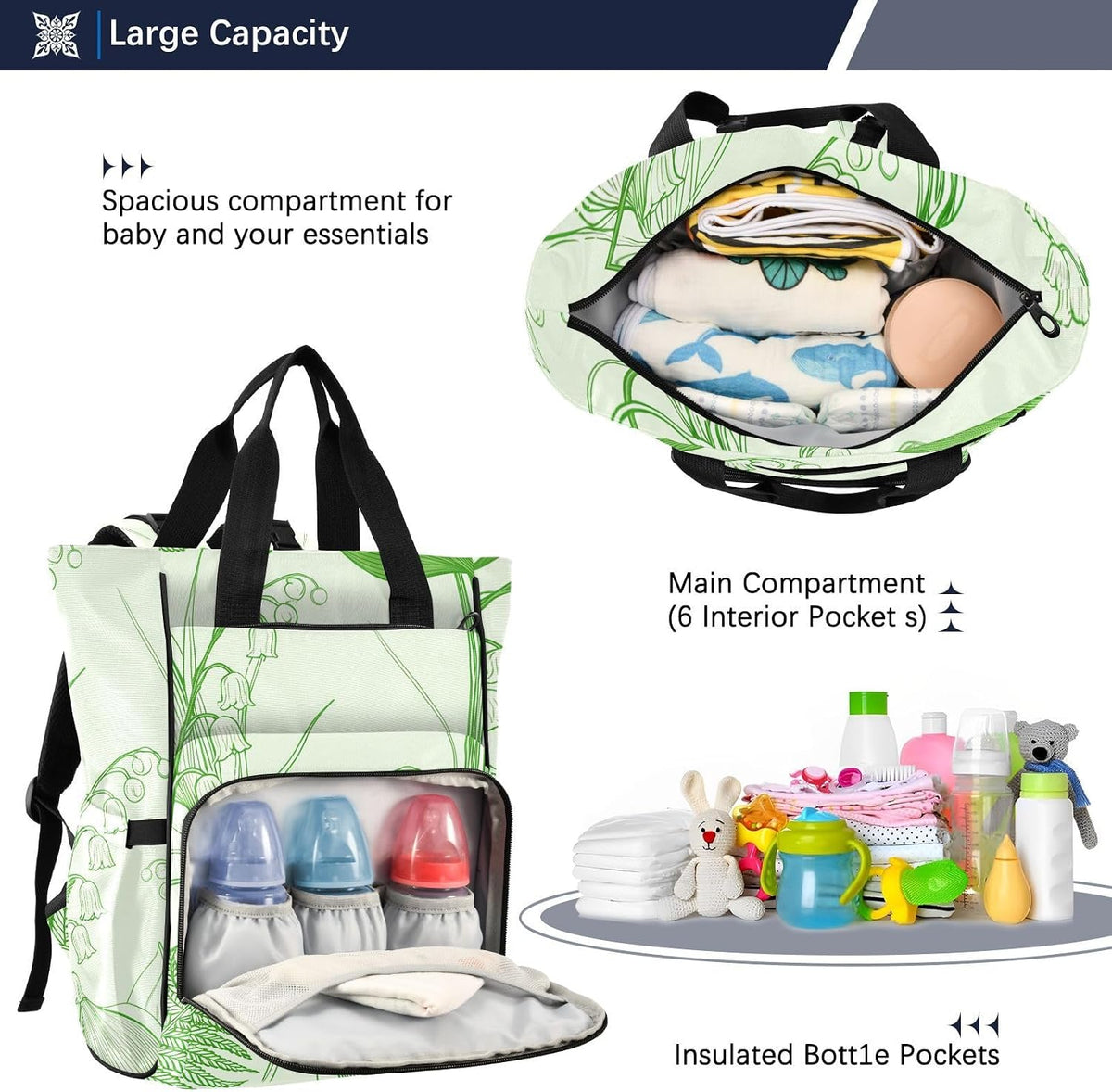Diaper Bag Backpack, Multifunction Travel Bag for Moms Dads, Baby Changing Bag with Insulted Pockets, Stroller Straps and Side Bottle Pockets Lily Line Art Pattern