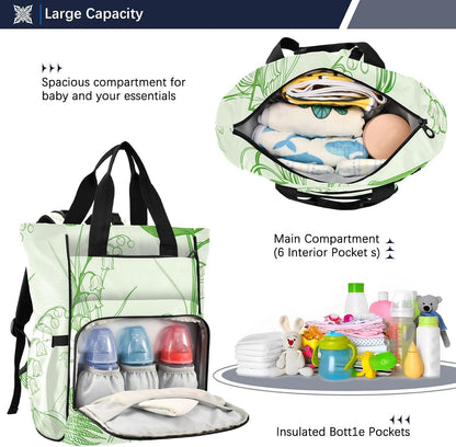 Diaper Bag Backpack, Multifunction Travel Bag for Moms Dads, Baby Changing Bag with Insulted Pockets, Stroller Straps and Side Bottle Pockets Lily Line Art Pattern