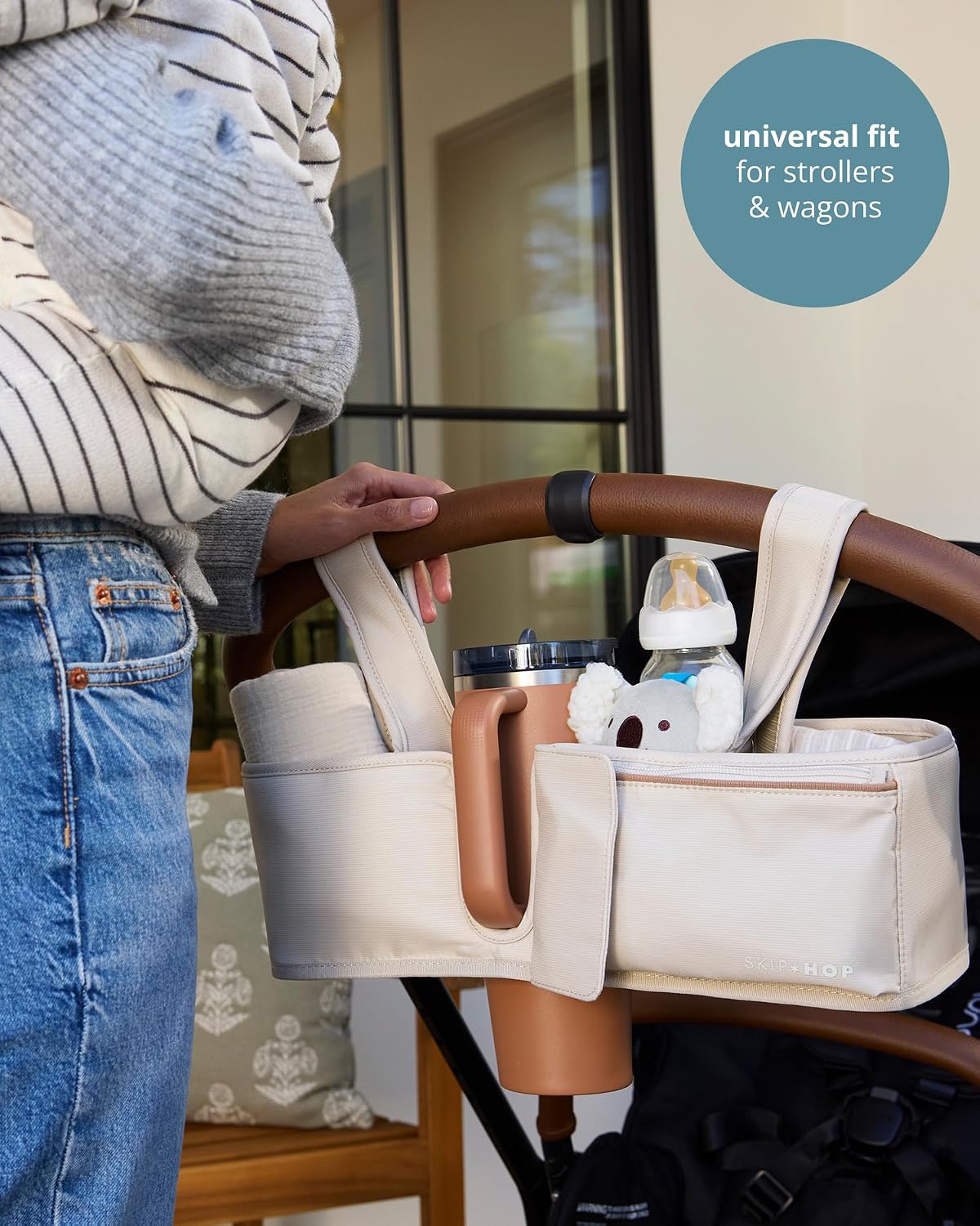 Ultimate Stroller Organizer Universal Fit with Adjustable Straps, Magnetic Flaps and Convertible Design that fits 40 oz. Tumblers, Oat