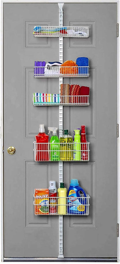 Carbon Steel Pantry Organizer Heavy Duty Hanging Over the Door Storage Rack, 5 Wire Baskets, Kitchen Closet Organization - White 240077E
