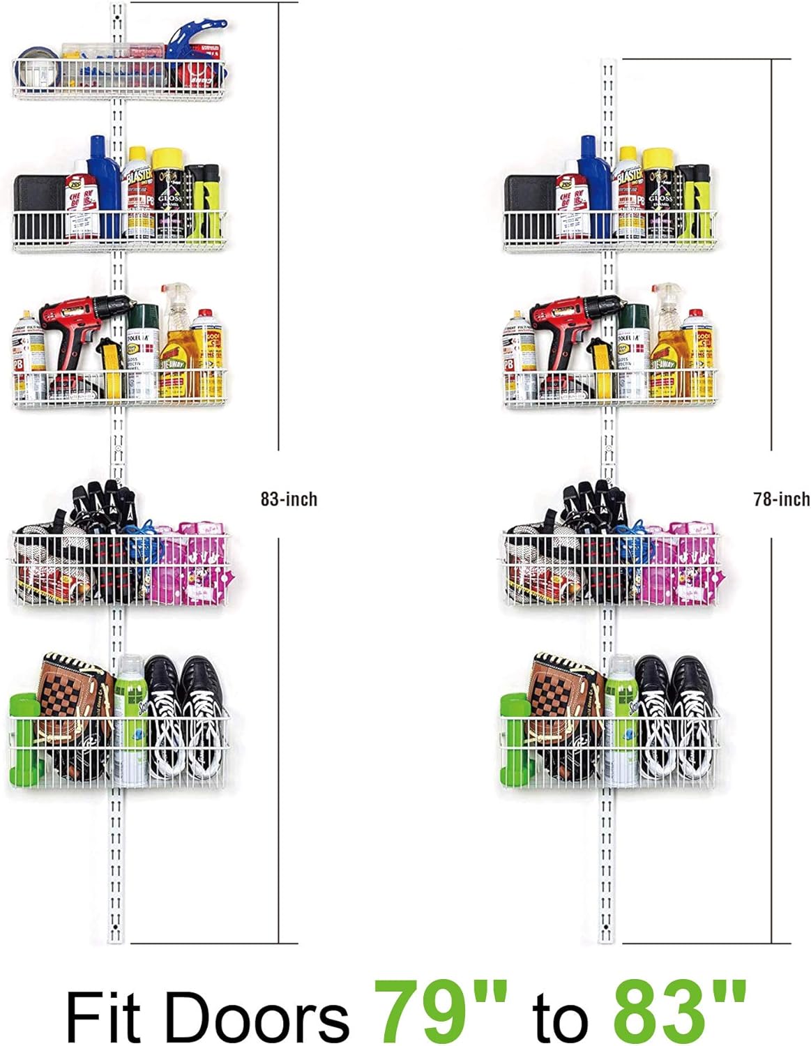 Carbon Steel Pantry Organizer Heavy Duty Hanging Over the Door Storage Rack, 5 Wire Baskets, Kitchen Closet Organization - White 240077E