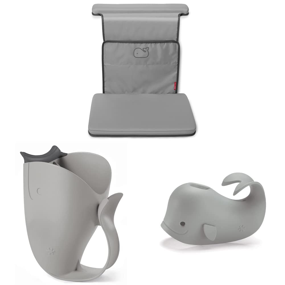 Baby Bath All-in-One Elbow Saver and Kneeler, Moby, Grey & Baby Bath Rinse Cup, Moby Tear-Free Waterfall Rinser, Grey & Bath Spout Cover, Universal Fit, Moby, Grey