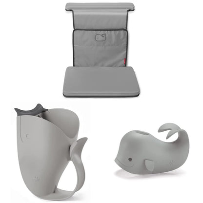 Baby Bath All-in-One Elbow Saver and Kneeler, Moby, Grey & Baby Bath Rinse Cup, Moby Tear-Free Waterfall Rinser, Grey & Bath Spout Cover, Universal Fit, Moby, Grey