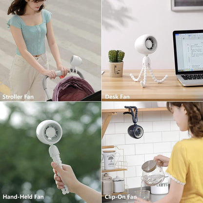 Portable Stroller Fan with Flexible Tripod, Mini Desk Fan Personal USB Rechargeable Handheld Fan, Quiet Clip On Crib Fan, 3 Speeds, Wind Direction Adjustable, for Bike Tent Car Seat BBQ White