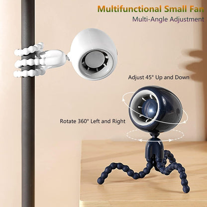 Portable Stroller Fan with Flexible Tripod, Mini Desk Fan Personal USB Rechargeable Handheld Fan, Quiet Clip On Crib Fan, 3 Speeds, Wind Direction Adjustable, for Bike Tent Car Seat BBQ White