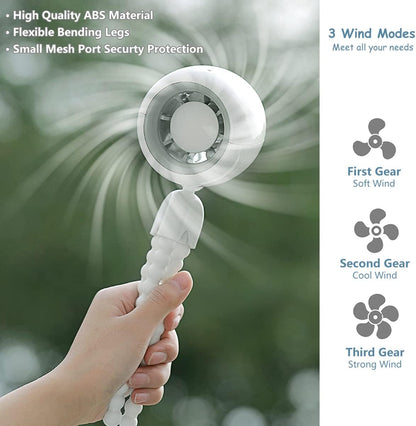 Portable Stroller Fan with Flexible Tripod, Mini Desk Fan Personal USB Rechargeable Handheld Fan, Quiet Clip On Crib Fan, 3 Speeds, Wind Direction Adjustable, for Bike Tent Car Seat BBQ White