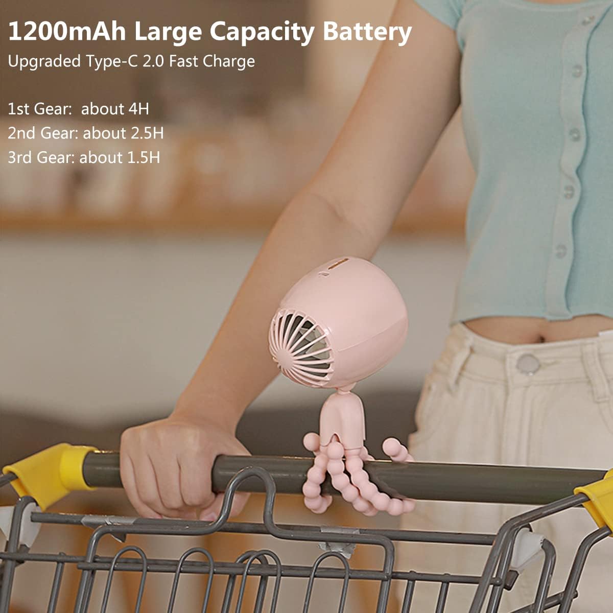 Portable Stroller Fan with Flexible Tripod, Mini Desk Fan Personal USB Rechargeable Handheld Fan, Quiet Clip On Crib Fan, 3 Speeds, Wind Direction Adjustable, for Bike Tent Car Seat BBQ White