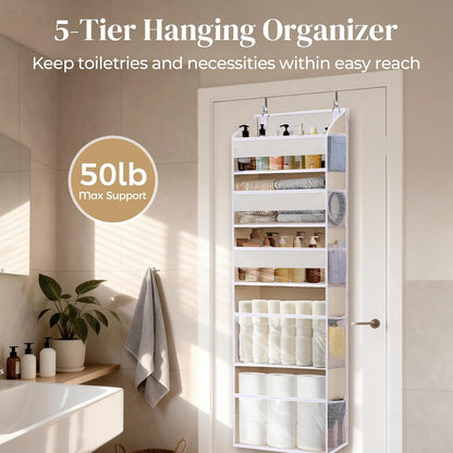 6-in-1 Over Door Hanging Organizer with 12 Mesh Pockets, 44 lbs Capacity, Light Brown – Versatile Behind Door Storage for Baby Nursery, Newborn Essentials, Bedroom, Bathroom & Dorm