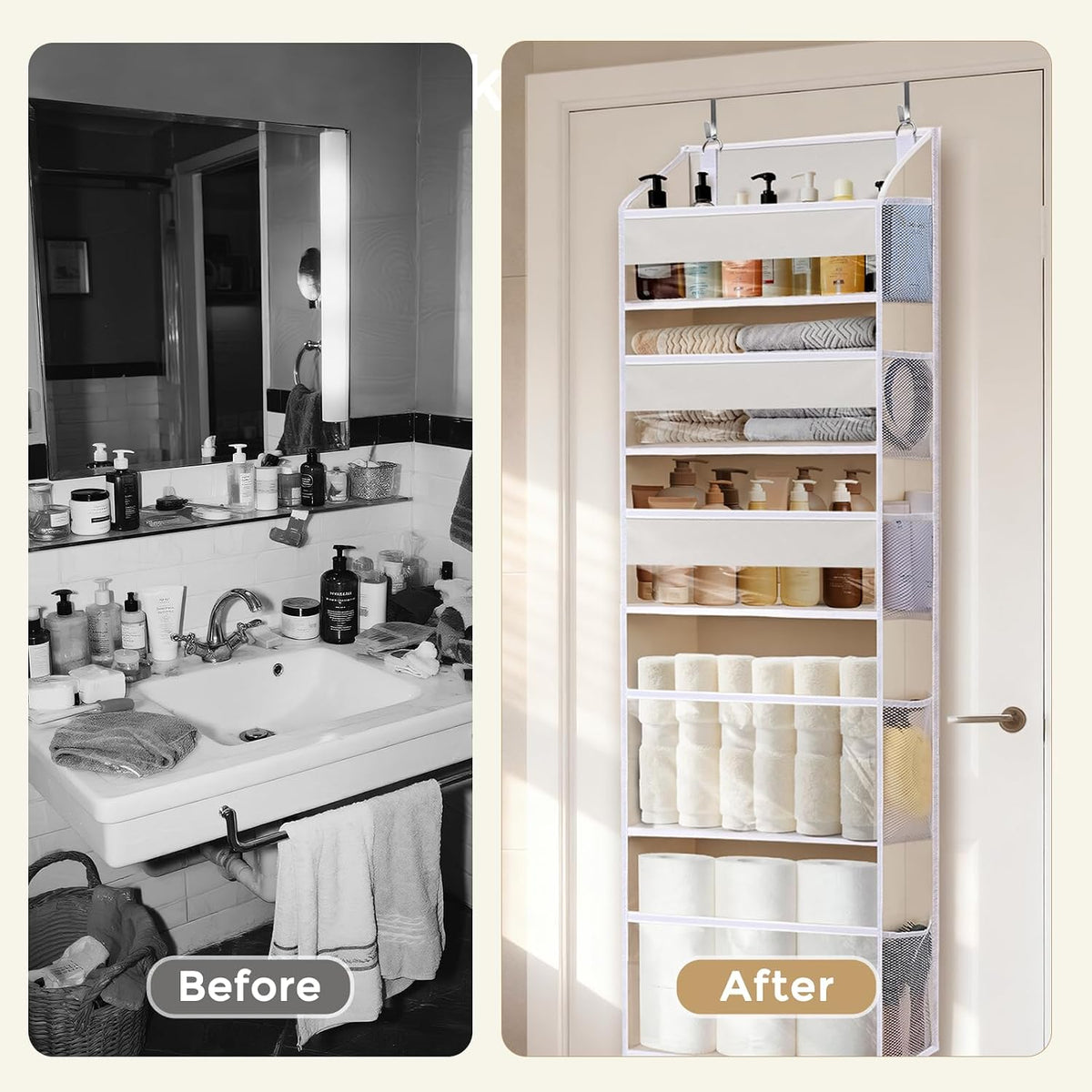 6-in-1 Over Door Hanging Organizer with 12 Mesh Pockets, 44 lbs Capacity, Light Brown – Versatile Behind Door Storage for Baby Nursery, Newborn Essentials, Bedroom, Bathroom & Dorm