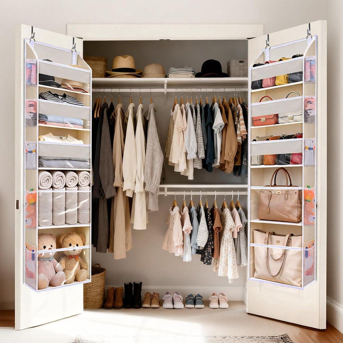 6-in-1 Over Door Hanging Organizer with 12 Mesh Pockets, 44 lbs Capacity, Light Brown – Versatile Behind Door Storage for Baby Nursery, Newborn Essentials, Bedroom, Bathroom & Dorm