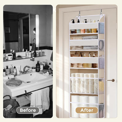 6-in-1 Over Door Hanging Organizer with 12 Mesh Pockets, 44 lbs Capacity, Light Brown – Versatile Behind Door Storage for Baby Nursery, Newborn Essentials, Bedroom, Bathroom & Dorm