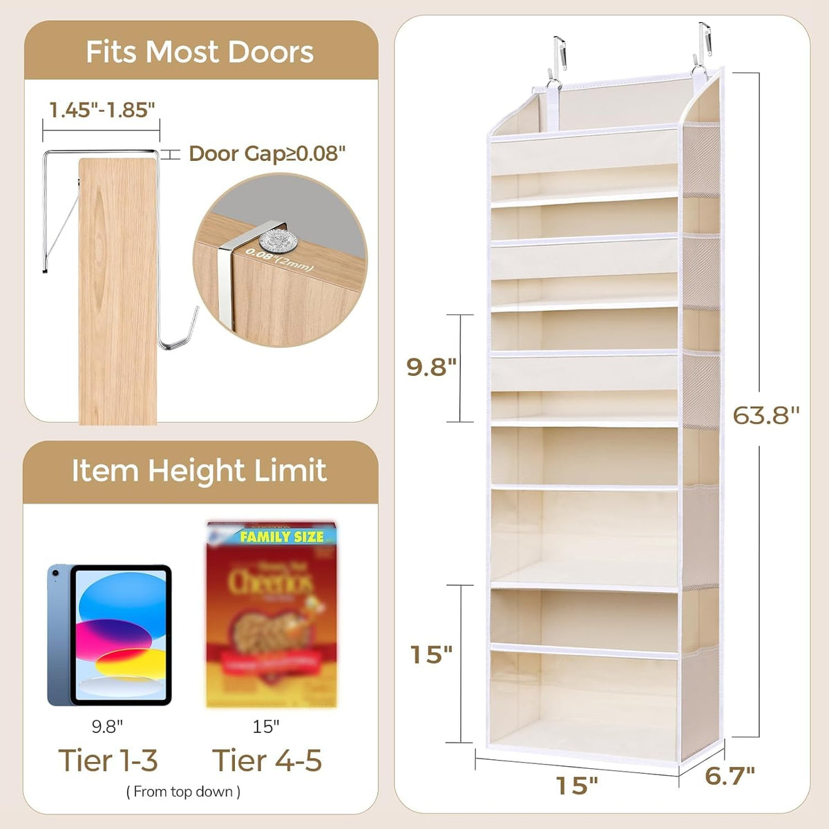 6-in-1 Over Door Hanging Organizer with 12 Mesh Pockets, 44 lbs Capacity, Light Brown – Versatile Behind Door Storage for Baby Nursery, Newborn Essentials, Bedroom, Bathroom & Dorm