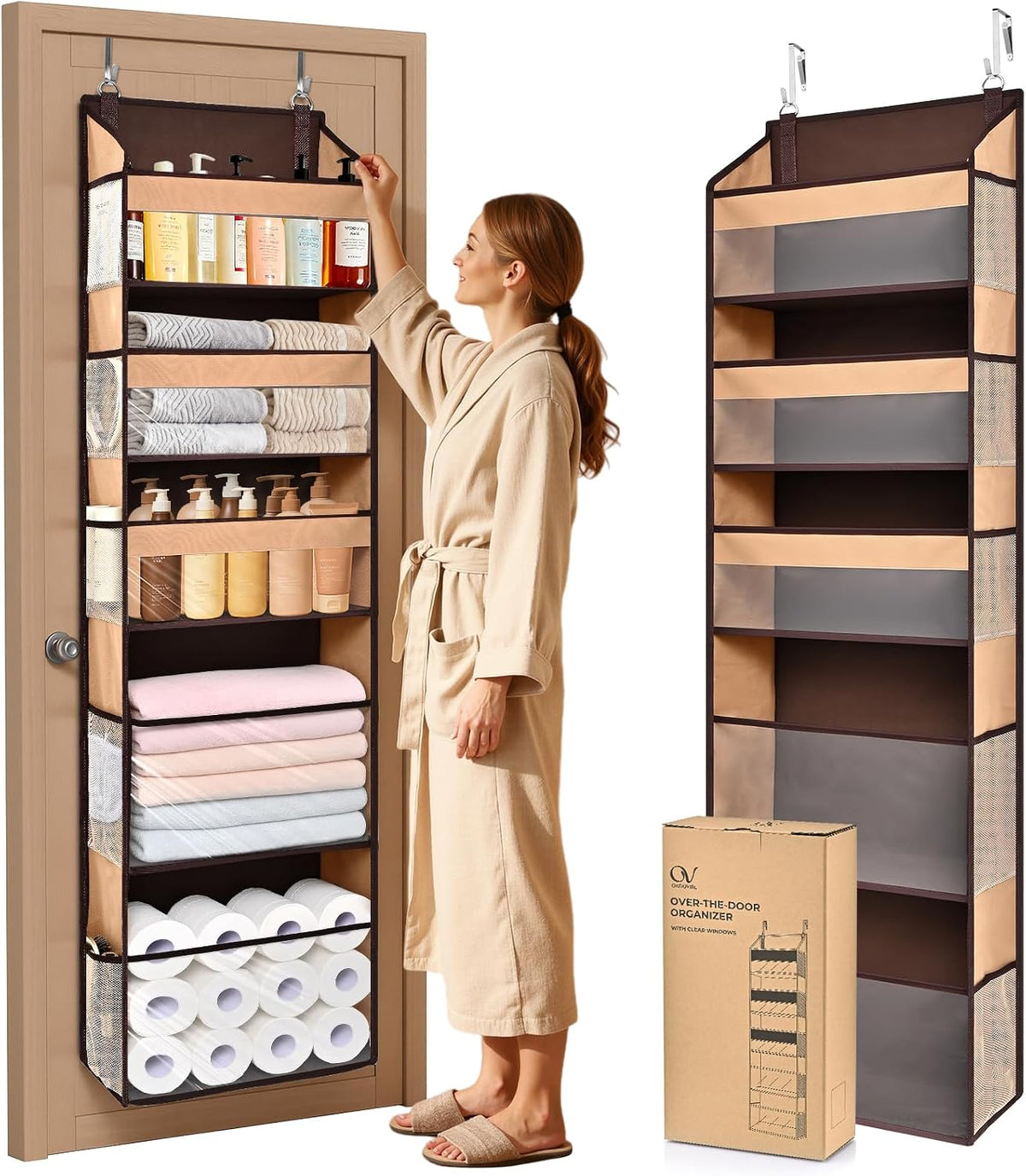 6-in-1 Over Door Hanging Organizer with 12 Mesh Pockets, 44 lbs Capacity, Light Brown – Versatile Behind Door Storage for Baby Nursery, Newborn Essentials, Bedroom, Bathroom & Dorm