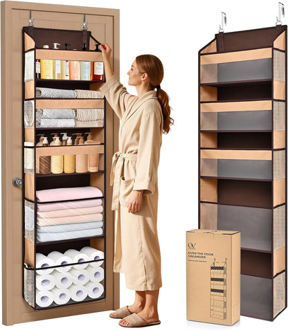 6-in-1 Over Door Hanging Organizer with 12 Mesh Pockets, 44 lbs Capacity, Light Brown – Versatile Behind Door Storage for Baby Nursery, Newborn Essentials, Bedroom, Bathroom & Dorm