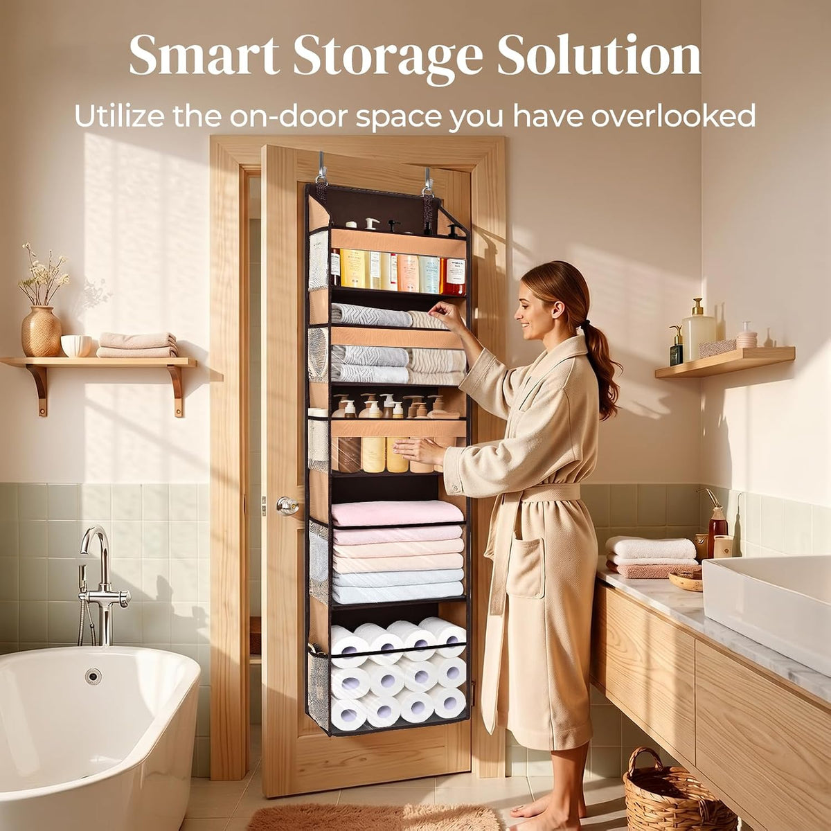 6-in-1 Over Door Hanging Organizer with 12 Mesh Pockets, 44 lbs Capacity, Light Brown – Versatile Behind Door Storage for Baby Nursery, Newborn Essentials, Bedroom, Bathroom & Dorm