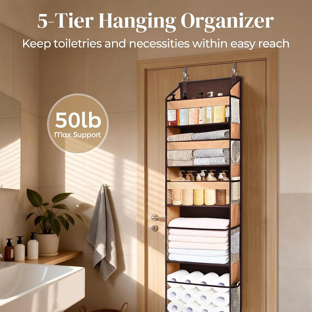 6-in-1 Over Door Hanging Organizer with 12 Mesh Pockets, 44 lbs Capacity, Light Brown – Versatile Behind Door Storage for Baby Nursery, Newborn Essentials, Bedroom, Bathroom & Dorm