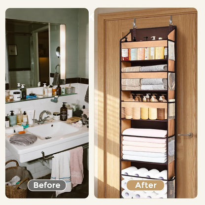 6-in-1 Over Door Hanging Organizer with 12 Mesh Pockets, 44 lbs Capacity, Light Brown – Versatile Behind Door Storage for Baby Nursery, Newborn Essentials, Bedroom, Bathroom & Dorm