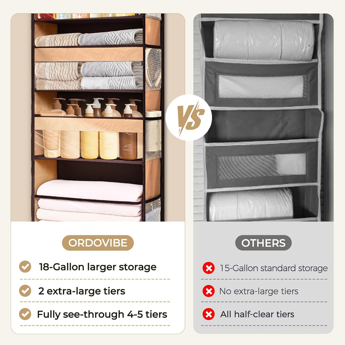 6-in-1 Over Door Hanging Organizer with 12 Mesh Pockets, 44 lbs Capacity, Light Brown – Versatile Behind Door Storage for Baby Nursery, Newborn Essentials, Bedroom, Bathroom & Dorm