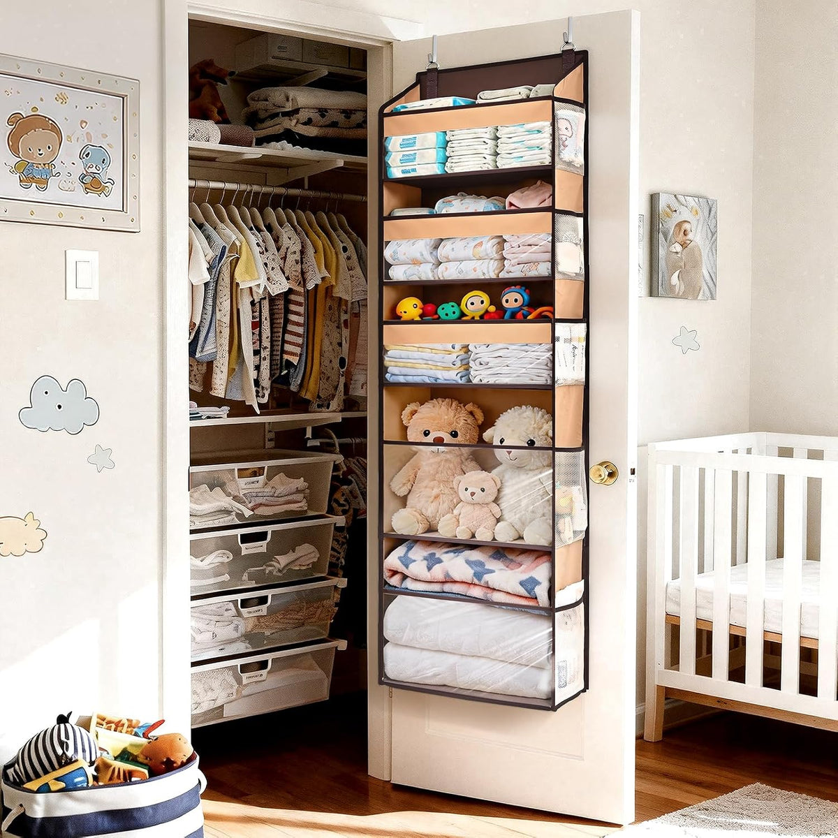 6-in-1 Over Door Hanging Organizer with 12 Mesh Pockets, 44 lbs Capacity, Light Brown – Versatile Behind Door Storage for Baby Nursery, Newborn Essentials, Bedroom, Bathroom & Dorm